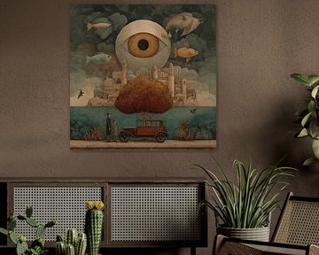 Traumhafte Retro-Landschaft mit schwebenden Statuen und geometrischen surrealen Elementen von Aden Pink Studio
