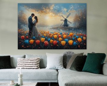 Romantisches Paar in einem Tulpenfeld bei Sonnenuntergang von Kimita Jennaira