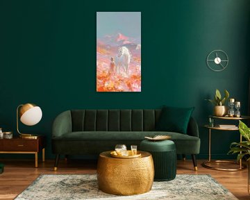 Mädchen mit weißem Pferd in bezaubernder Blumenlandschaft von Lauren Wilde