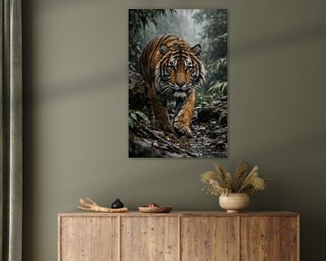 Tiger in the rain – intense wildlife poster with powerful gaze and jungle atmosphere