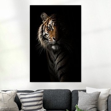 Tiger portrait in darkness – mysterious wildlife poster with a powerful aura