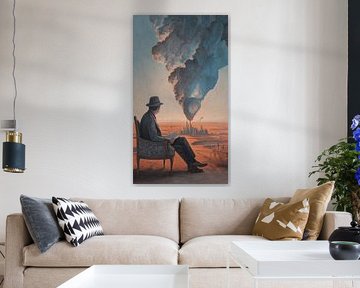 Einsamer Arbeiter beobachtet brennende Fabrik von Aden Pink Studio