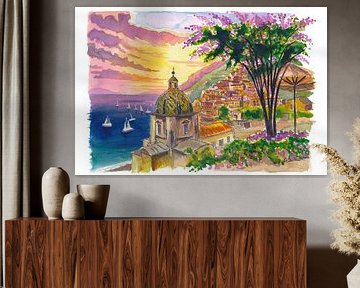 Positano Amalfi Sunset Travel art with coastline and boats