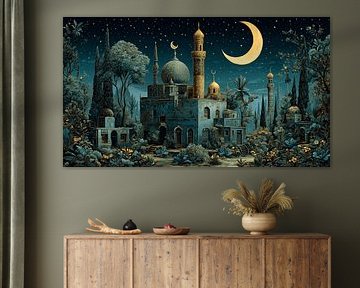 Dreamy Ramadan Scene with Lanterns and Crescent Moon in Surreal Illustration by Aden Pink Studio