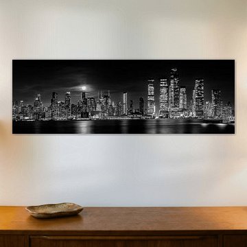 Magical Harvest Moon over the Midtown Manhattan Skyline - Monochrome Panoramic View