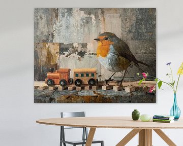 Roodborstje met retro houten speelgoed trein
