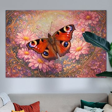 Tagpfauenauge auf rosa Blumen Jugendstil