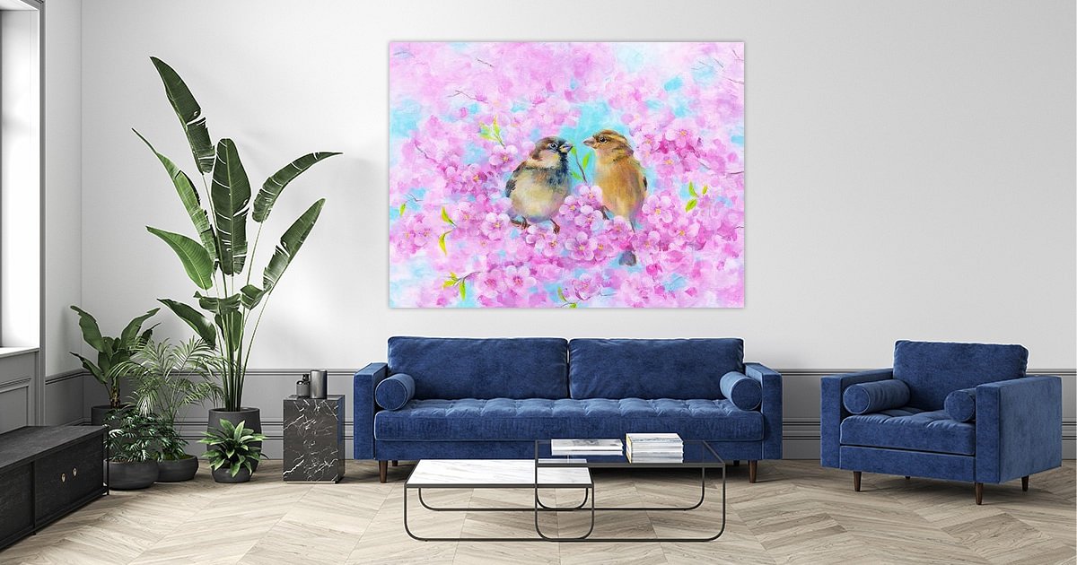 Zwei Spatzen im blühenden Kirschbaum von Karen Kaspar auf ArtFrame, Leinwand, Poster und mehr | Art Heroes
