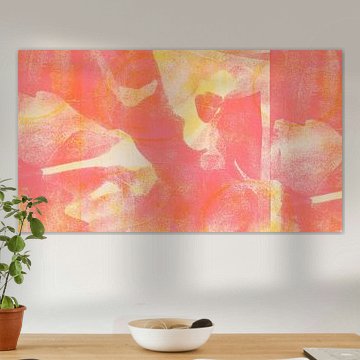 Abstract painting in orange, pink, and yellow by Dina Dankers