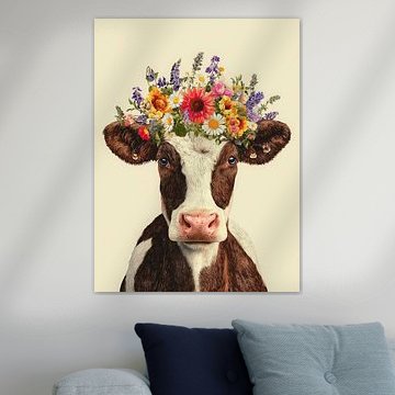 Vache avec une couronne de fleurs dans un portrait coloré