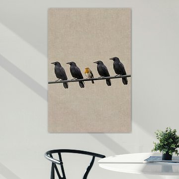 Vier Kraaien en een Roodborstje – Minimalistische Vogelkunst over Contrast en Individualiteit