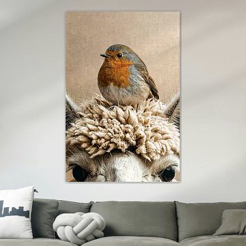 Onverwachte vriendschap tussen roodborstje en alpaca van Emiel de Lange