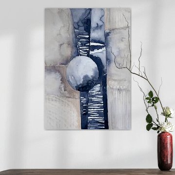 Abstracte blauwe aquarel met cirkel en verticale lijnen