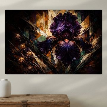 Peinture cubiste dramatique représentant des iris à minuit — Décoration murale florale sophistiquée
