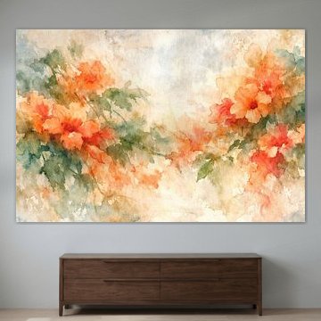 Fleurs orange en forme de trompette (AI) (plante grimpante, été, Campsis radicans, calme, champêtre, gracieux)