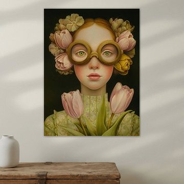 Portrait rêveur avec des fleurs et des lunettes
