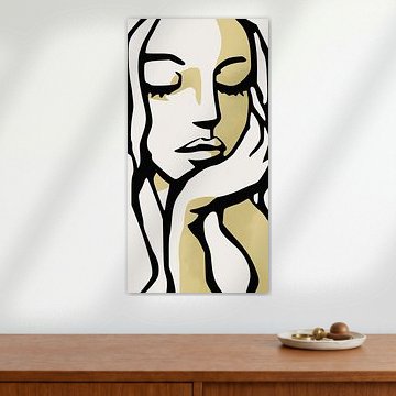 Minimalistisch lijnportret van vrouw in zwart, crème en goud – moderne abstracte wandkunst