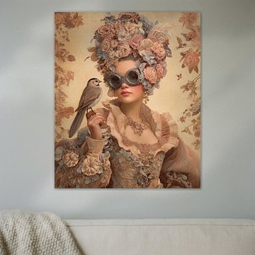 Surrealistisches Porträt mit Blumen und Vogel