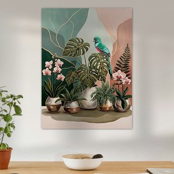 Modernes biophiles Design mit exotischen Vögeln und Orchideen