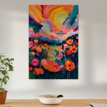 UFO boven kleurrijk bloemenveld