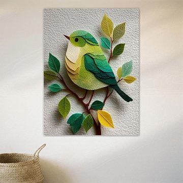 Colourful bird on a branch – paper collage illustration