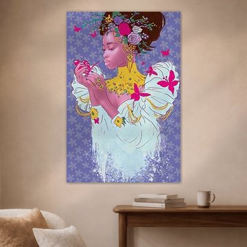 Style Pop Art Fashionista - Ambiance printanière - Portrait d'une femme avec des fleurs et des papillons sur MadameRuiz