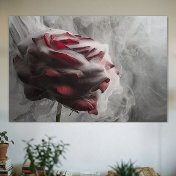 Drama in het licht: Rode roos omhult door rook van Marjolijn van den Berg