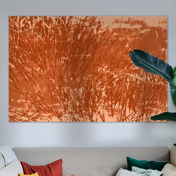 Art botanique abstrait et minimaliste. Herbe dans des tons terre cuite, brun chaud et corail. sur Dina Dankers