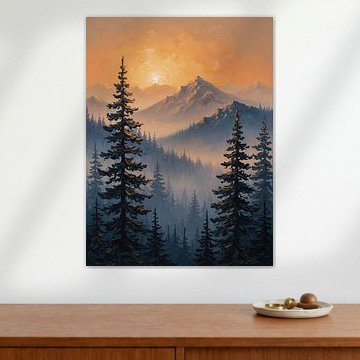 Etherische alpengloed: een studie van licht en schaduw in de mistige, altijdgroene wildernis