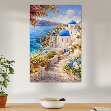 De blauwe koepels van Santorini boven de Egeïsche Zee