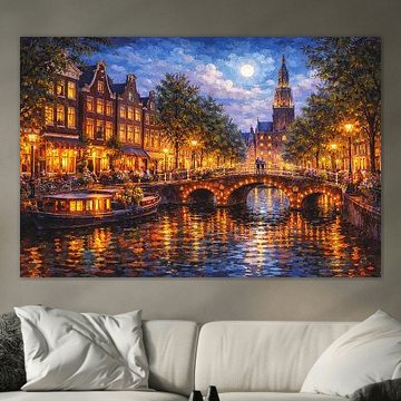 Amsterdam in de avond schilderij. van Johannes