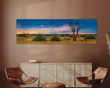 Panoramafoto van de Kalahari woestijn met kokerboom, Namibië van Rietje Bulthuis