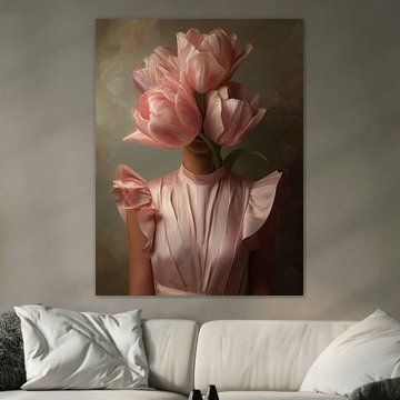 Surrealistisch portret met roze tulpen