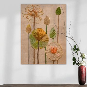 Bloemen in warme aardetinten op linnen in borduurwerk-look