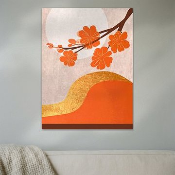 Japandi Art: Japanische Blüten in warmen Orange- und Goldtönen von Studio Pieternel
