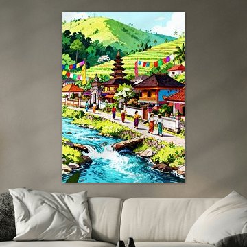 Ein lebhaftes balinesisches Dorf liegt an einem fließenden Fluss von Artkreator