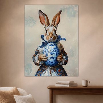 Stilvoller Osterhase mit einem Ei im Delfter Blau-Stil