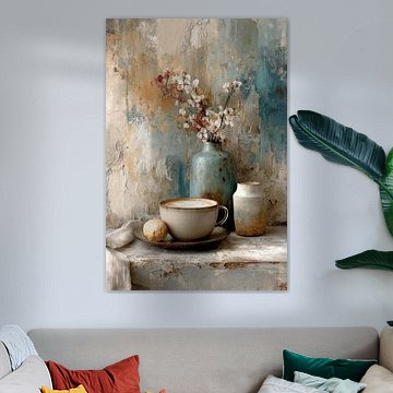 Rustiek stilleven met pastelbloemen en koffie van Joriali Fine Art