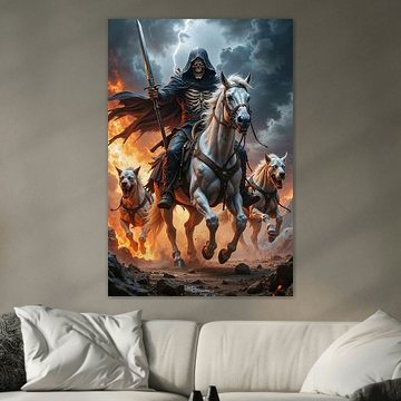 MORTEXIS – Ein Grim Reaper reitet auf seinem Pferd und mit zwei Höllenhunden über das Schlachtfeld