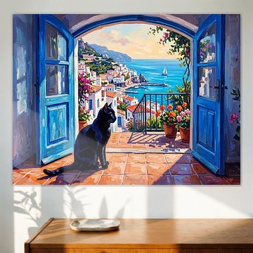 Une vue sereine sur la côte avec un chat : une escapade méditerranéenne