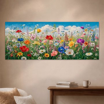 Zomer! Panorama van een bloemenveld in vrolijke kleuren