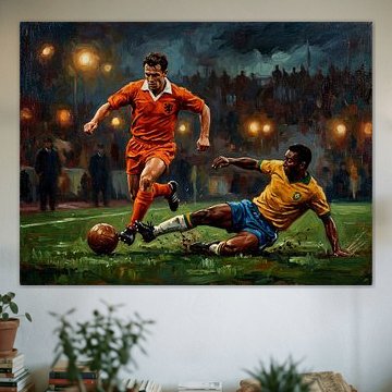 Levendig olieverfschilderij van de voetbalwedstrijd Nederland-Brazilië