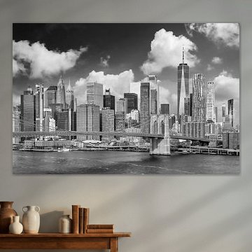 Brooklyn Bridge with Pier 17 and South Street Seaport - Monochrome by Melanie Viola