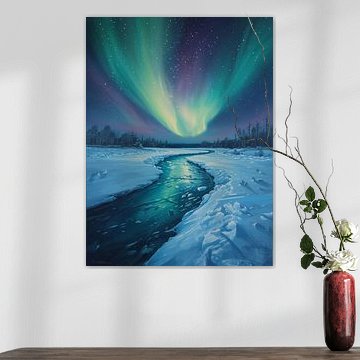 Het noorderlicht boven een bevroren winterrivier in olieverfstijl