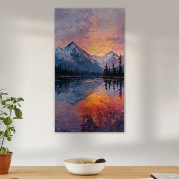 Een majestueuze weerspiegeling in een bergmeer met besneeuwde toppen bij zonsondergang