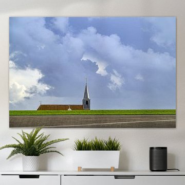 Church behind the Waddensea levee with coulds above by Sjoerd van der Wal Photography