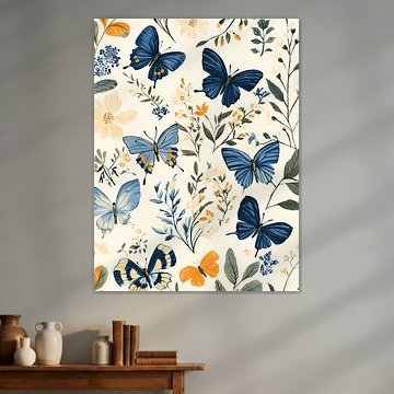 Blaue Schmetterlinge und Blumen