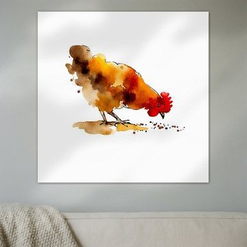 Chicken eating grain (AI) (farm, animal, bird, Easter, playful, painting)