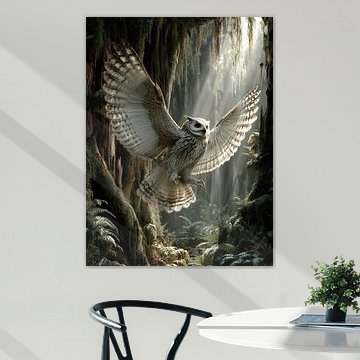 Une chouette en vol dans la lumière de la forêt sur Erika Kaisersot