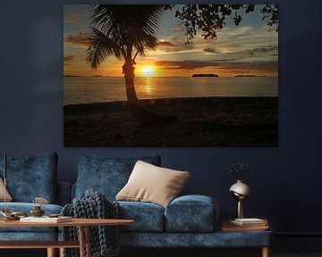 Typische zonsondergang met palmboom op Fiji eiland